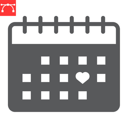 Valentines day calendar glyph icon, valentines day and february 14, love calendar sign vector graphics, editable stroke solid icon.のイラスト素材