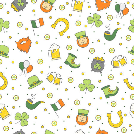 St Patricks Day seamless pattern with leprechaun, irish man, ireland flag, clover, balloons, cauldron on white background.のイラスト素材