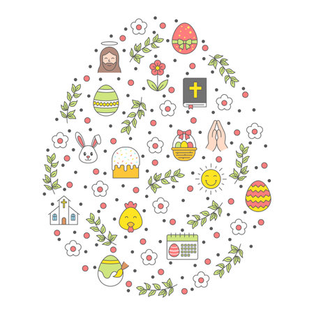 Happy Easter Icons Within Egg Shape, Easter vector poster Illustration, easter holiday poster vector icon set, greeting card, vector template, editable stroke.のイラスト素材
