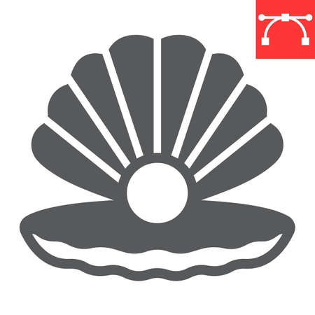 Seashell with pearl glyph icon, shell and ocean animals, open seashell vector icon, vector graphics, editable stroke solid signのイラスト素材