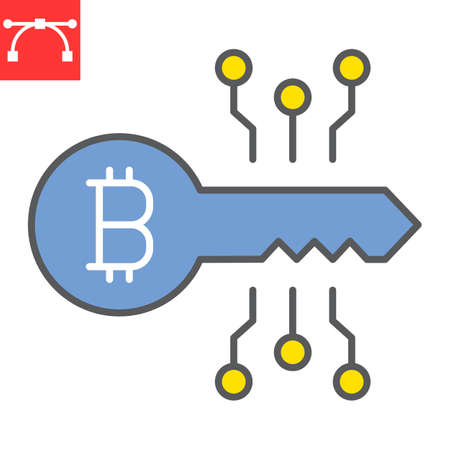 Bitcoin key color line icon, security and protection, digital key vector icon, vector graphics, editable stroke filled outline sign,のイラスト素材