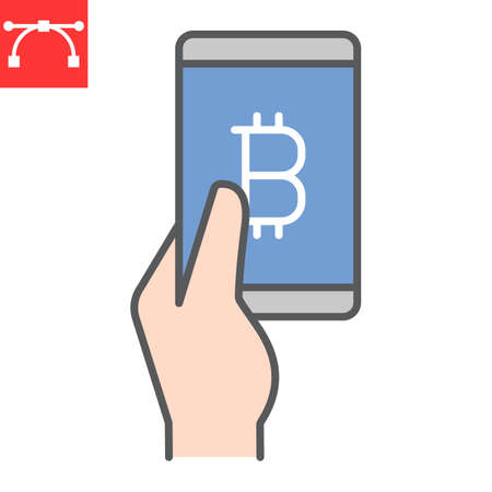 Bitcoin mobile pay color line icon, payment and pay with bitcoin, Hand holding smartphone vector icon, vector graphics, editable stroke filled outline sign,のイラスト素材