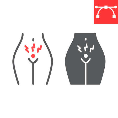 Menstrual cramps pain line and glyph icon. menstruation and gynecology, menstrual cramps ache vector icon, vector graphics, editable stroke outline sign.のイラスト素材