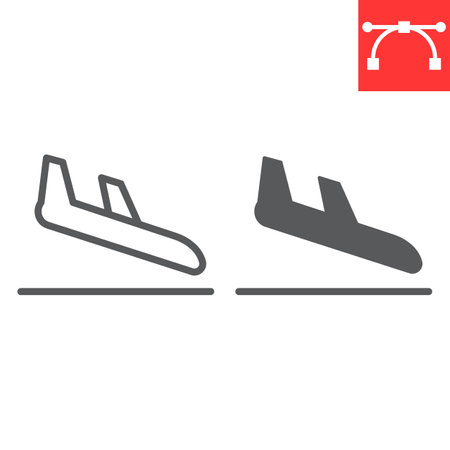 Airplane landing line and glyph icon, aircraft and arrival, airport arrivals vector icon, vector graphics, editable stroke outline signのイラスト素材
