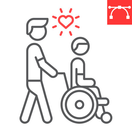 Disabled people help line icon, caretaker and volunteering, man take wheelchair man vector icon, vector graphics, editable stroke outline sign, eps 10.のイラスト素材