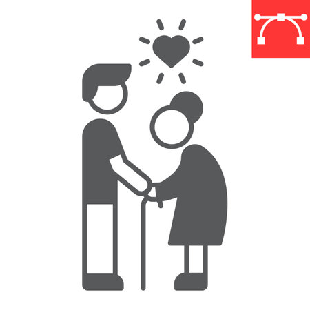 Elderly people help glyph icon, grandmother and volunteering, volunteer caring elderly for woman vector icon, vector graphics, editable stroke solid sign, eps 10.のイラスト素材