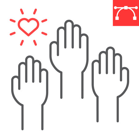 Volunteering line icon, teamwork and volunteer, hands up vector icon, vector graphics, editable stroke outline sign, eps 10.のイラスト素材