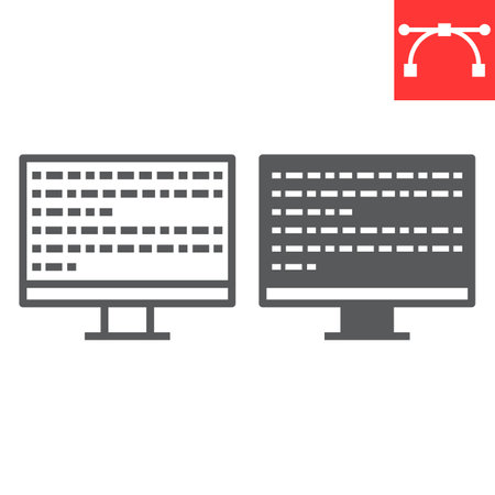 Programming line and glyph icon, data and coding, monitor code vector icon, vector graphics, editable stroke outline signのイラスト素材