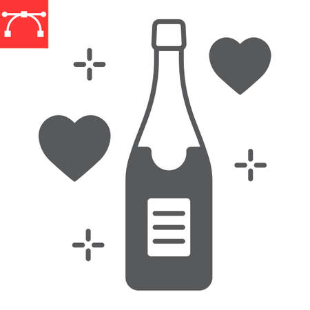Champagne bottle glyph icon, valentines day and alcohol, champagne bottle vector icon, vector graphics, editable stroke solid sign, eps 10.のイラスト素材