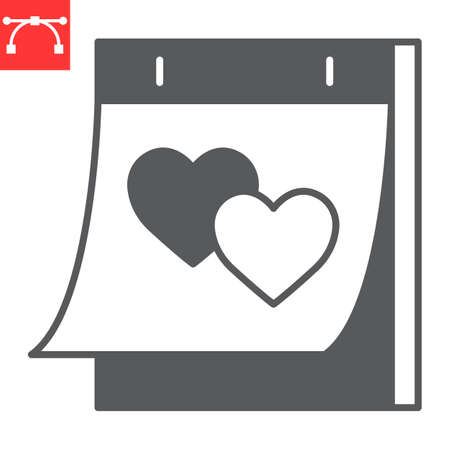 Valentines day calendar glyph icon, valentines day and romantic, calendar with heart vector icon, vector graphics, editable stroke solid sign, eps 10.のイラスト素材