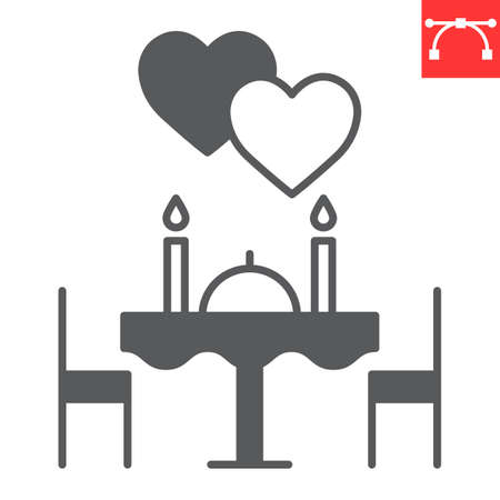 Romantic dinner glyph icon, valentines day and heart, romantic dinner vector icon, vector graphics, editable stroke solid sign, eps 10.のイラスト素材