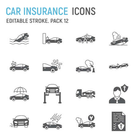 Car insurance glyph icon set, car accident collection, vector graphics, logo illustrations, car insurance vector icons, car crash signs, solid pictograms, editable strokeのイラスト素材