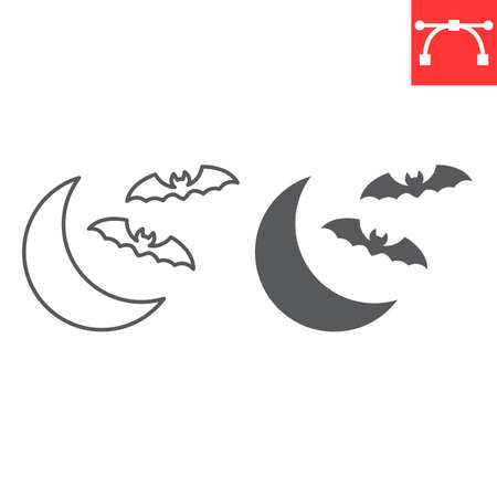 Bats and moon line and glyph iconのイラスト素材