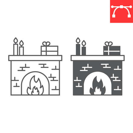 Christmas fireplace line and glyph iconのイラスト素材