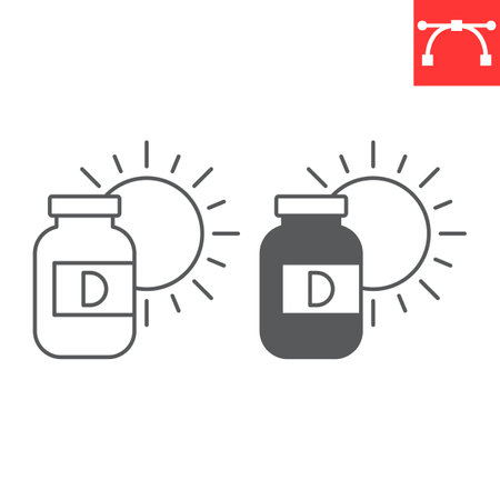 Vitamin D line and glyph icon, supplements and health, vitamin D bottle vector icon, vector graphics, editable stroke outline sign, eps 10.のイラスト素材