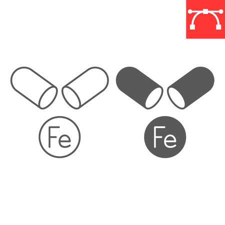 Iron supplement line and glyph icon, minerals and vitamins, capsule with ferrum vector icon, vector graphics, editable stroke outline sign, eps 10.のイラスト素材