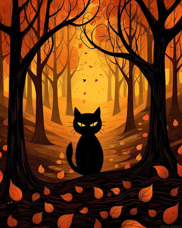 Halloween black cat sitting in forest, halloween holiday concept. Generated by AI.の素材