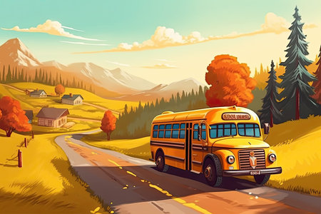 Yellow school bus on road, Back to school concept.の写真素材