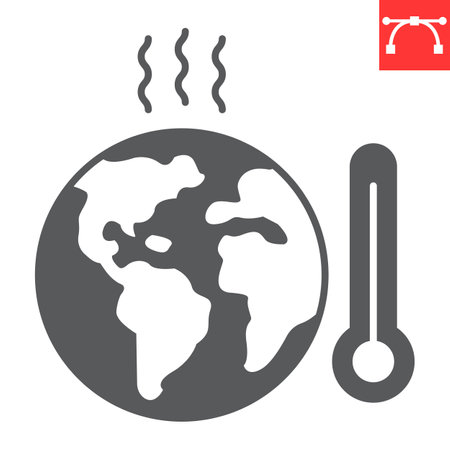 Global warming glyph icon, climate change and ecology, earth with thermometer vector icon, vector graphics, editable stroke solid sign, eps 10.のイラスト素材