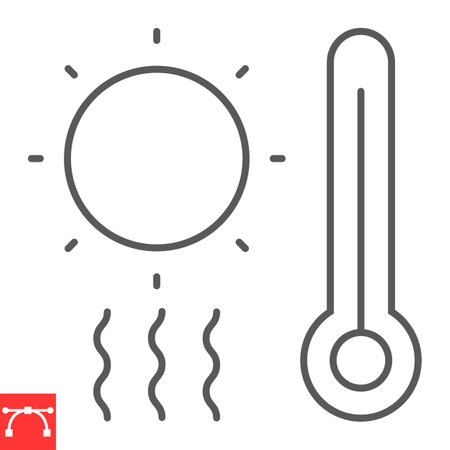 Hot weather line icon, climate change and sun with thermometer, heat wave vector icon, vector graphics, editable stroke outline sign, eps 10.のイラスト素材