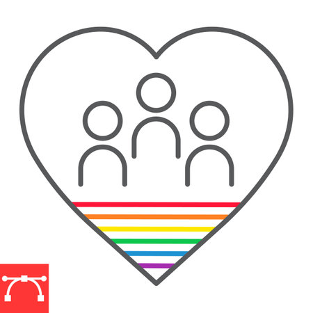 Pride day line icon, LGBT and community, persons in heart vector icon, vector graphics, editable stroke outline sign, eps 10.のイラスト素材