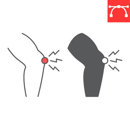 Knee pain line and glyph icon, body pain and human disease, meniscus trauma vector icon, vector graphics, editable stroke outline sign, eps 10.のイラスト素材