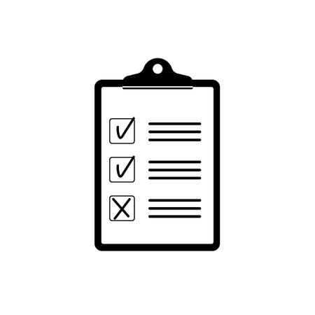 Clipboard icon. Document, file, report test checklist. Check mark symbol. Checkmark sign. Tick icon. Questionnaire office form. Check list vector pictogram. Clip board symbolのイラスト素材