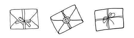 Mail icons collection, closed envelopes, email symbol. Sketch letter set. Hand drawn doodle cartoon style. Vector drawing illustration. Letter icon. Closed outline envelopeのイラスト素材