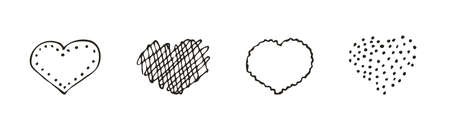 Set of doodle heart icon. Love symbol. Cute hand drawn vector graphic illustration isolated on white background. Simple outline style sign. Art sketch patternのイラスト素材