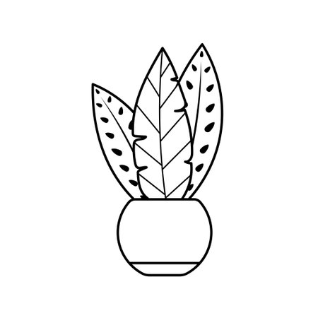 Black outline tropical leaves in pot. Modern houseplants, icon. Vector illustration isolated on white background.のイラスト素材