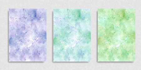 Set of abstract blue, green and mint watercolor paint spalsh vector background. Brush art ink water paper texture. Bright grunge hand drawn design illustrationのイラスト素材