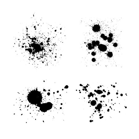 Black ink splatter isolated on white background. Vector watercolor paint brush texture. Ink splash and stain set. Grunge spray drop spatter, dirty blot splatters and splat. Abstract splash blobsのイラスト素材