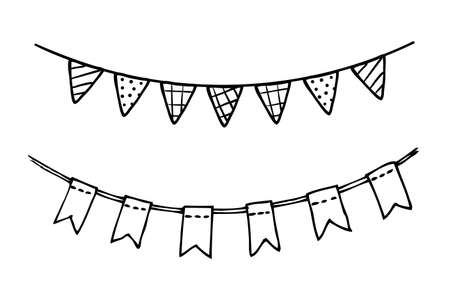 Doodle party bunting flags set for decoration. Black line sketch garlands. Hand drawn vector illustration. Doodle party drawing. Celebration buntingのイラスト素材