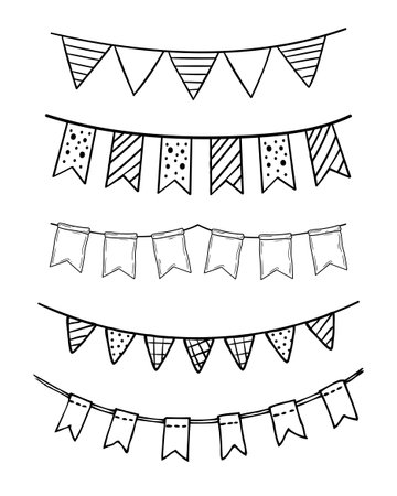 Doodle party bunting flags set for decoration. Black line sketch garlands. Hand drawn vector illustration. Doodle party drawing. Celebration buntingのイラスト素材