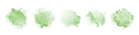 Set of abstract green watercolor water splash on a white background. Vector watercolour texture in salad color. Ink paint brush stain. Green splatters spot. Watercolor pastel splashのイラスト素材