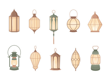Ramadan lamp set in arabic style. Cartoon vector illustration design. Celebration background with islamic light lantern. Arabic lamp icon for ramadan designのイラスト素材