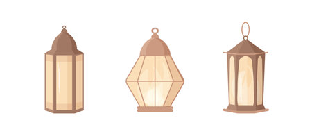 Ramadan kareem lantern set in islamic style. Vector light lamp isolated on white background. Flat eid mubarak illustration. Arabian lantern icon for ramadan designのイラスト素材