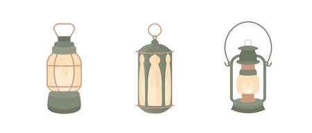 Ramadan kareem lantern set in islamic style. Vector light lamp isolated on white background. Flat eid mubarak illustration. Arabian lantern icon for ramadan designのイラスト素材