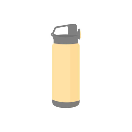 Coffee bottle. Flat illustration of a thermo for a drink, water. Vector travel beverage for tea. Thermo bottle icon. Cartoon with thermo tumbler for cover designのイラスト素材