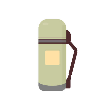 Coffee bottle. Flat illustration of a thermo for a drink, water. Vector travel beverage for tea. Thermo bottle icon. Cartoon with thermo tumbler for cover designのイラスト素材