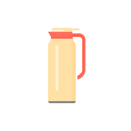 Coffee bottle. Flat illustration of a thermo for a drink, water. Vector travel beverage for tea. Thermo bottle icon. Cartoon with thermo tumbler for cover designのイラスト素材