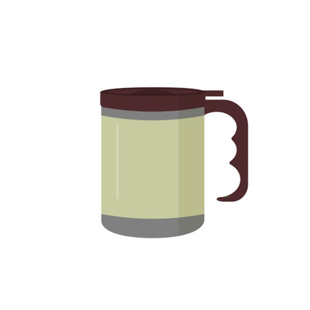 Coffee bottle. Flat illustration of a cup for a drink, water. Vector travel mug for tea and tumbler. Thermo coffee cup icon. Cartoon with thermo mug for cover designのイラスト素材