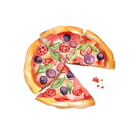 Hand drawn slice of pizza. Watercolor sketch isolated on white background. Vector illustration for food design.のイラスト素材