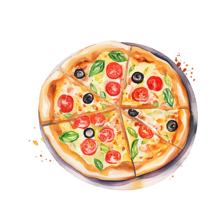 Hand drawn slice of pizza. Watercolor sketch isolated on white background. Vector illustration for food design.のイラスト素材