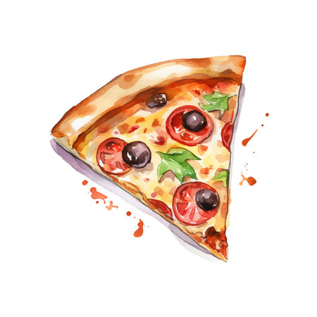 Hand drawn slice of pizza. Watercolor sketch isolated on white background. Vector illustration for food design.のイラスト素材