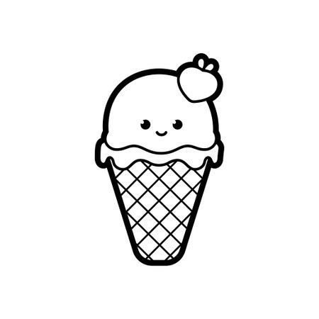 Ice cream dessert kawaii in a waffle cup, black outline, vector illustration in doodle style.のイラスト素材