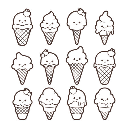 Kawaii ice cream dessert in a waffle cup, black outline, vector illustration in cartoon style. Vector illustrationのイラスト素材