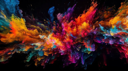 Abstract vibrant multicolor wet paint drops and splotch on black background. Bright orange and pink neon colors. Street art isolated. High quality photoの素材