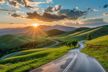 Highway landscape at colorful sunset in summer. Mountain road landscape at dusk. Beautiful nature scenery in green mountains. Travel landscape for summer vacation on highway. High quality photoの写真素材