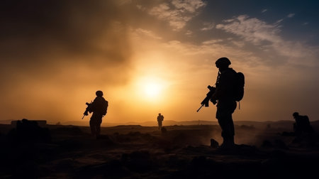 Silhouette of military soldiers with weapons dark background. Law and military concept. High quality photoの素材